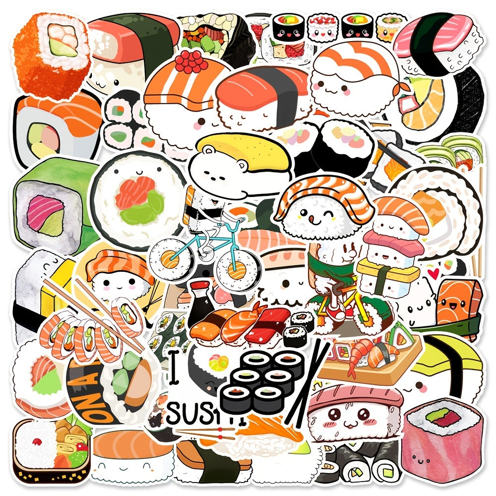 50 Pcs Sushi Roll Stickers for Water Bottles, Laptops, Phones & More