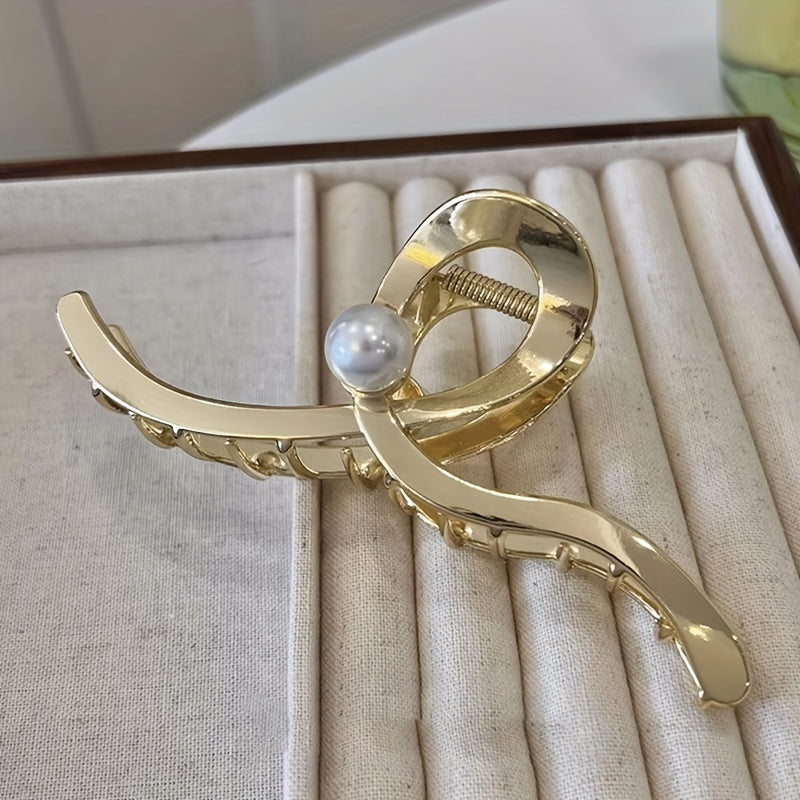 Wave Faux Pearl Hair Claw Metal Accessory