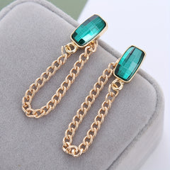 Emerald Glass Chain Stud Earrings Retro Style 18K Plated Jewelry