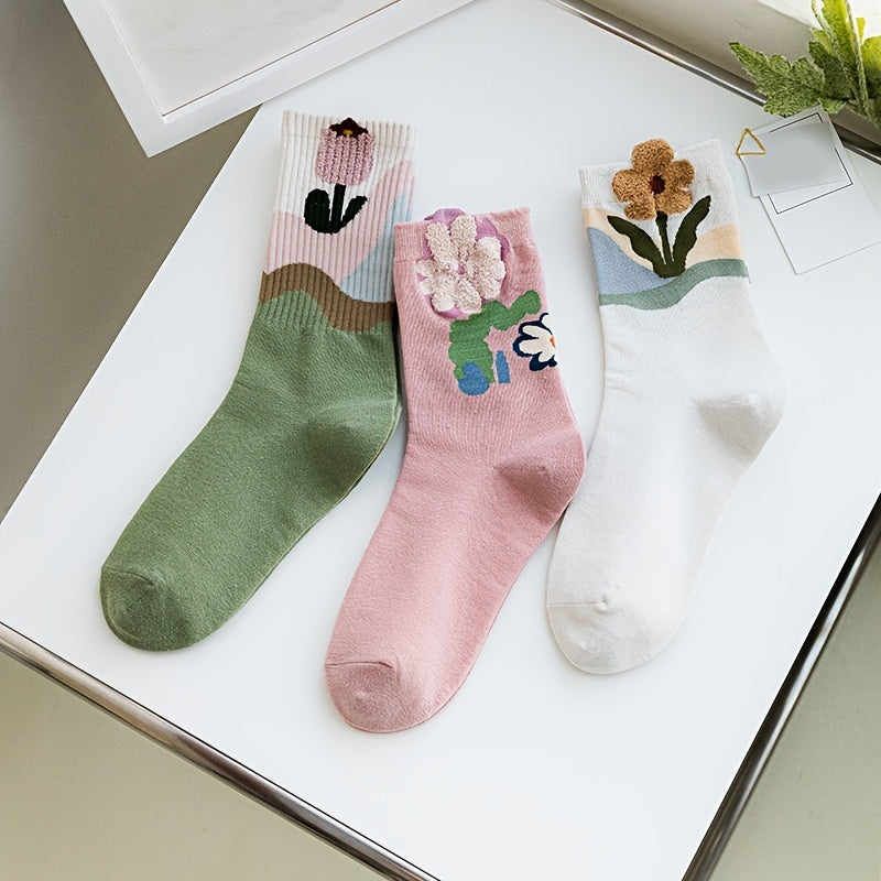 3 Pairs Floral Print Socks Breathable & Colorblock Women's Stockings
