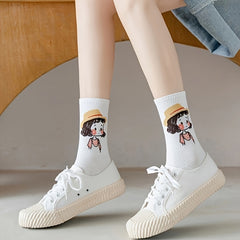 5 Pairs Cartoon Print Socks Women's Stockings Comfy & Mid Tube Hosiery