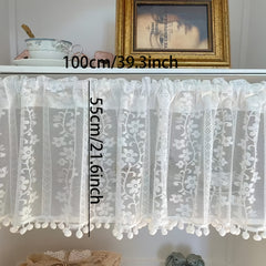 Short Sheer Floral Curtain with Pom Poms - Home Decor