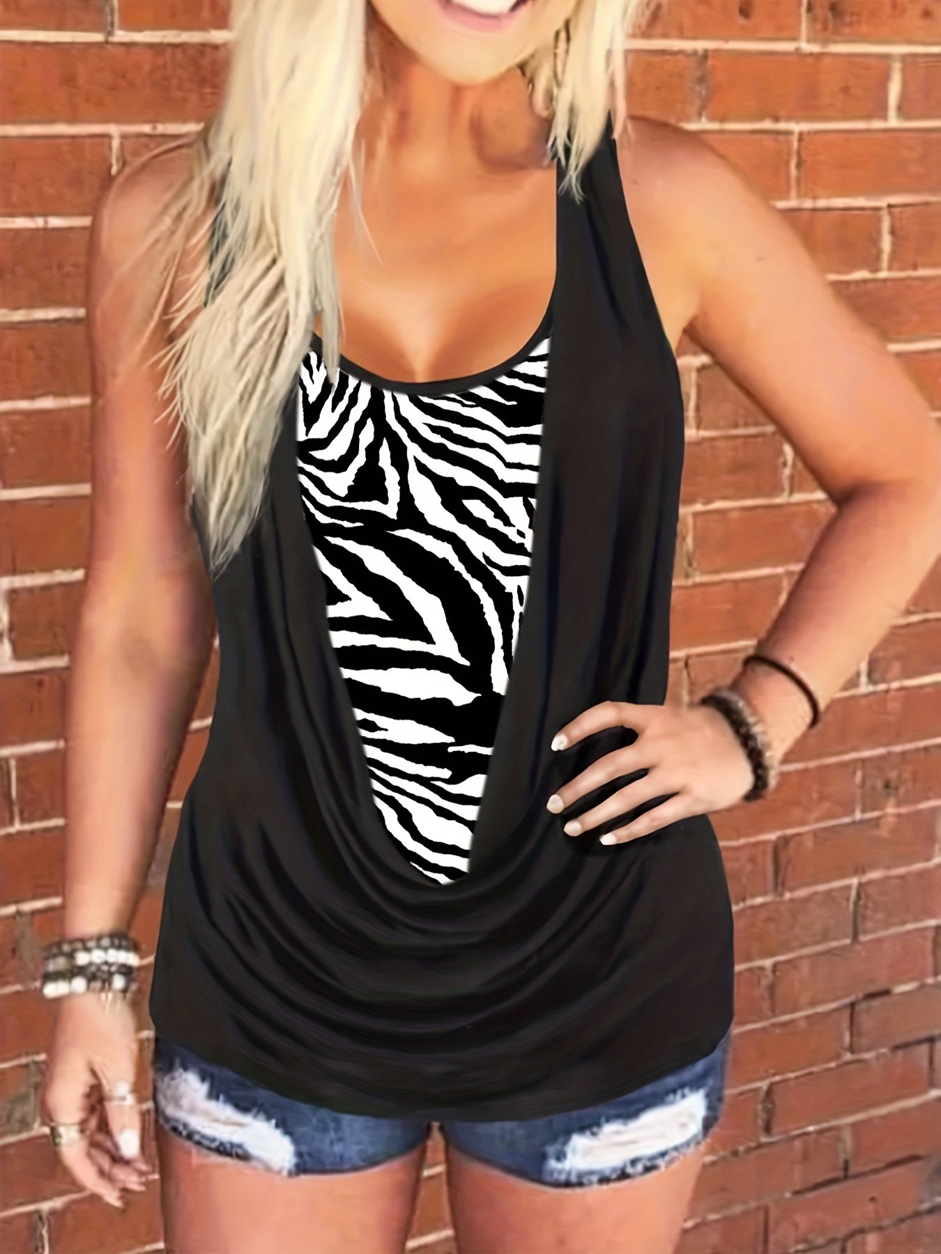  Colorblock Leopard Ruched Tank Top