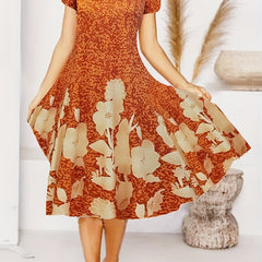 Floral Short Sleeve A-line Maxi Dress Plus Size V-Neck