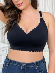 Plus Size Seamless Wave Trim Wireless Bra with Removable Pads