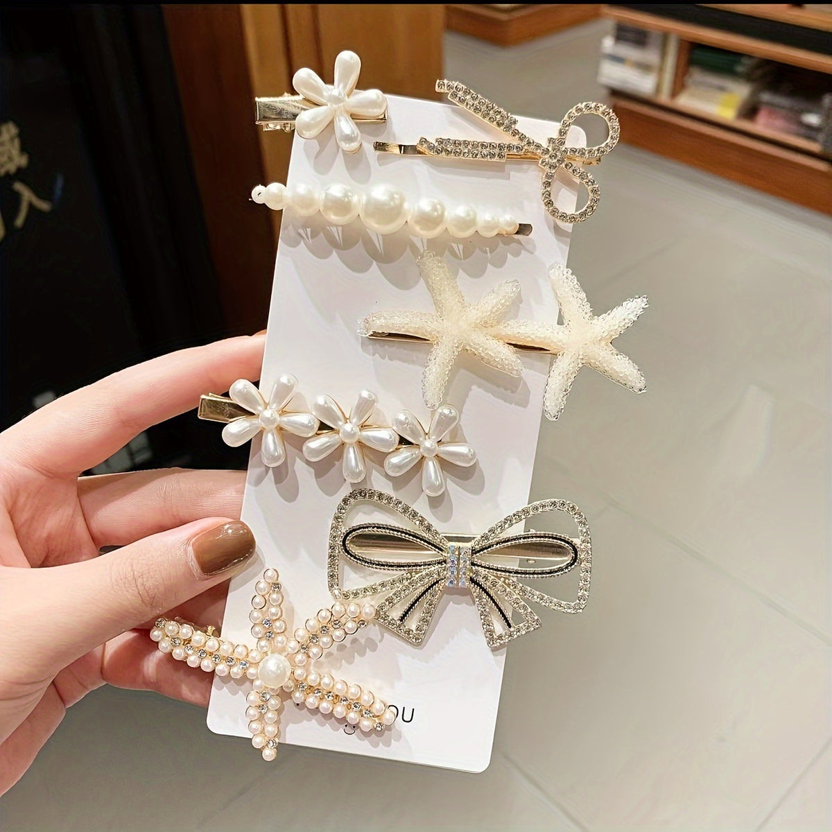 7pcs Faux Pearl Rhinestone Hair Clip Set