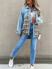  Colorblock Plaid Print Denim Jacket