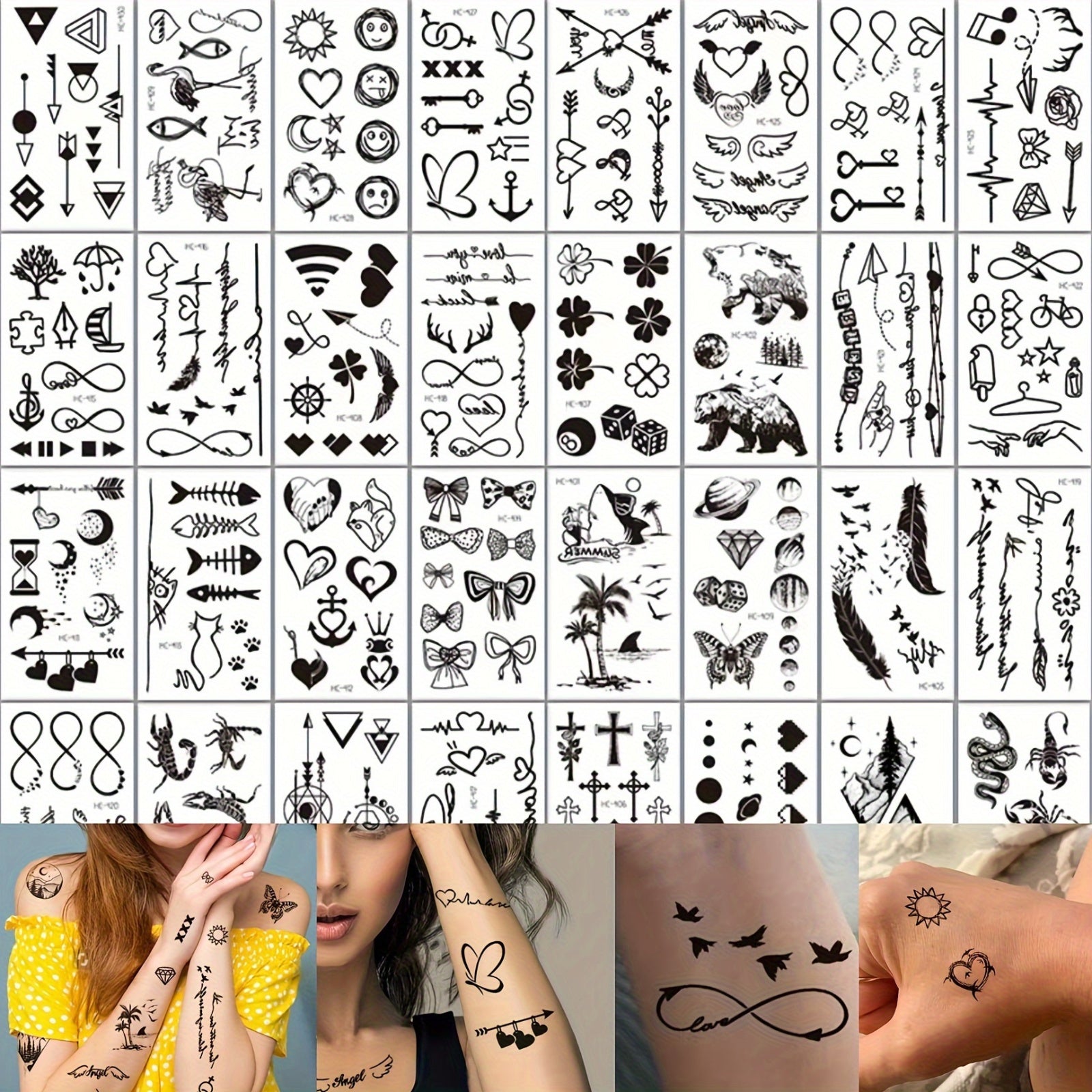 32 Sheet Temporary Tattoo Set Mix Hearts Butterflies Moons Planets