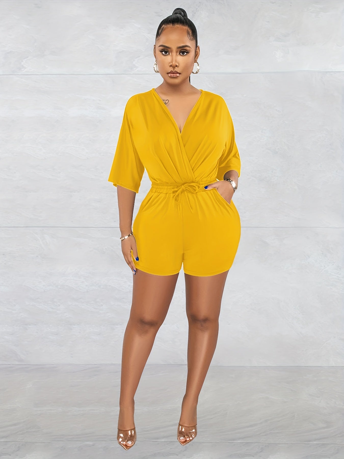 Drawstring Waist Romper Jumpsuit V-Neck Casual Short Sleeve