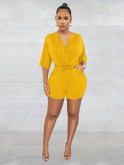 Drawstring Waist Romper Jumpsuit V-Neck Casual Short Sleeve