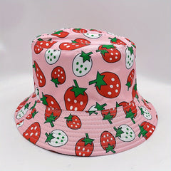 Pink Strawberry Print Bucket Hat Reversible Basin Hat For Women