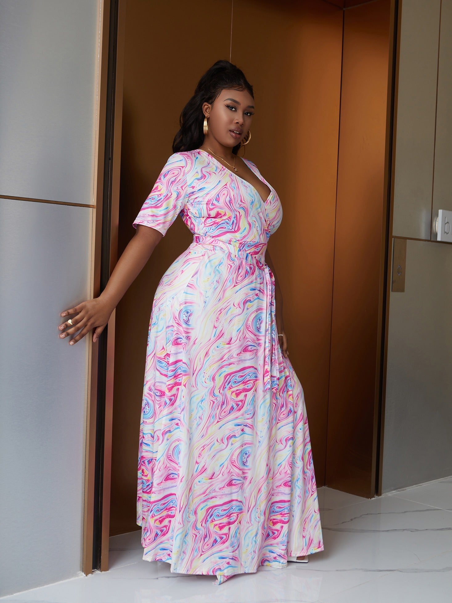  Marble Print Waist Wrap Maxi Dress V Neck Boho Long Dress