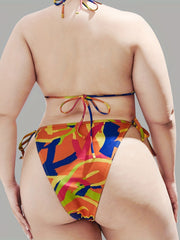  Abstract Print Bikini Set Backless Halter Neck Swimsuit Two Piece