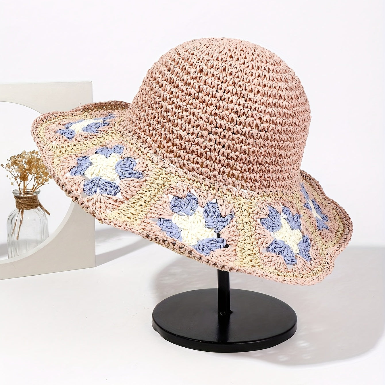 Boho Crochet Bucket Hat With Brim Hollow Out Straw Sun Hat