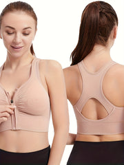  Women's Zipper Front Sports Bra Racer Back Fitness Bra