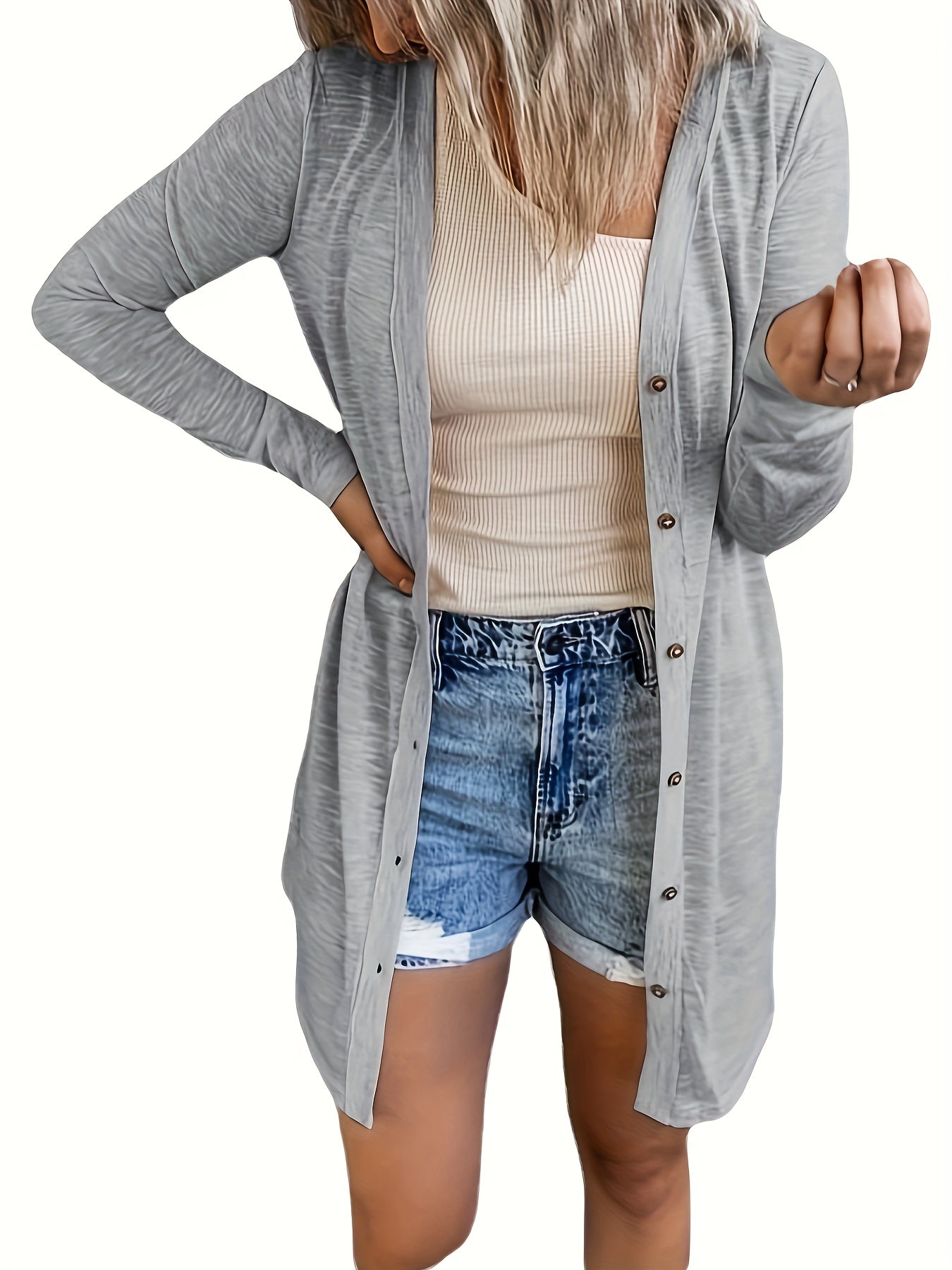  Solid Button Up Long Sleeve Cardigan