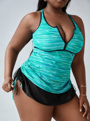  Striped Half Zip Racer Back Tank Swimsuit Set