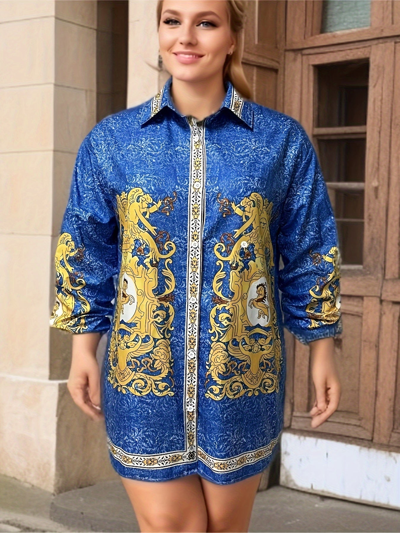  Retro Dress Women's Baroque Print Shirt Dress