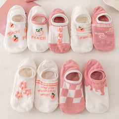 Peach & Floral Print Ankle Socks Women's Stockings