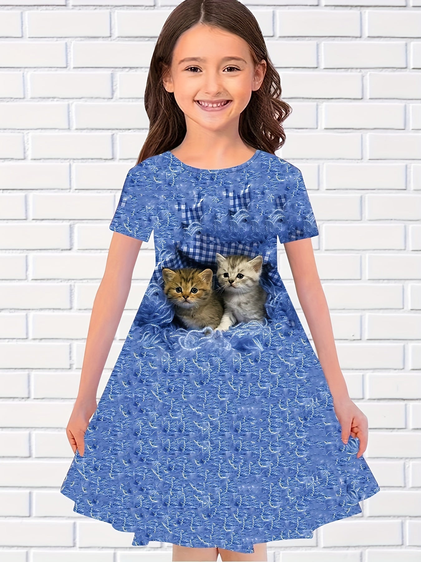 Girls 3D Kitty Print Dress Summer Clothes
