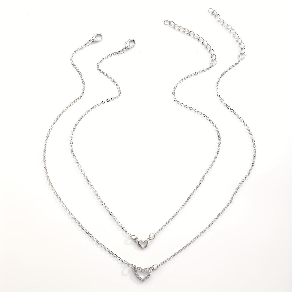 Love Faux Diamond Stacked Necklace Female Peach Heart Clavicle Chain 2pcs