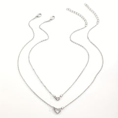 Love Faux Diamond Stacked Necklace Female Peach Heart Clavicle Chain 2pcs
