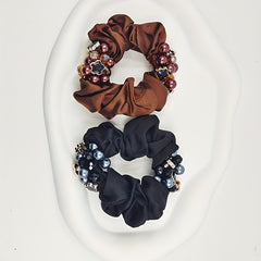 Faux Pearl Double Beaded Scrunchies Hair Tie Hair Rope Satin Ponytail
