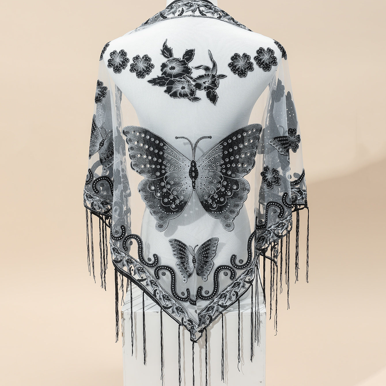 Triangle Scarf Butterfly Flower Embroidery Lace Tassel Shawl
