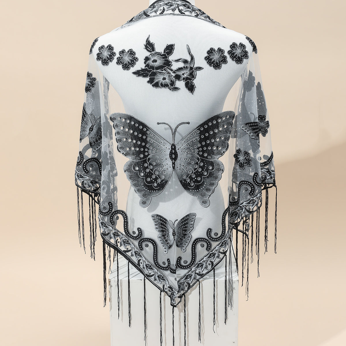 Triangle Scarf Butterfly Flower Embroidery Lace Tassel Shawl