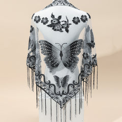 Triangle Scarf Butterfly Flower Embroidery Lace Tassel Shawl