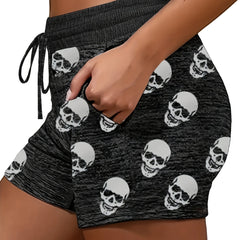  Women's Skull Print Elastic Drawstring Leggings Shorts