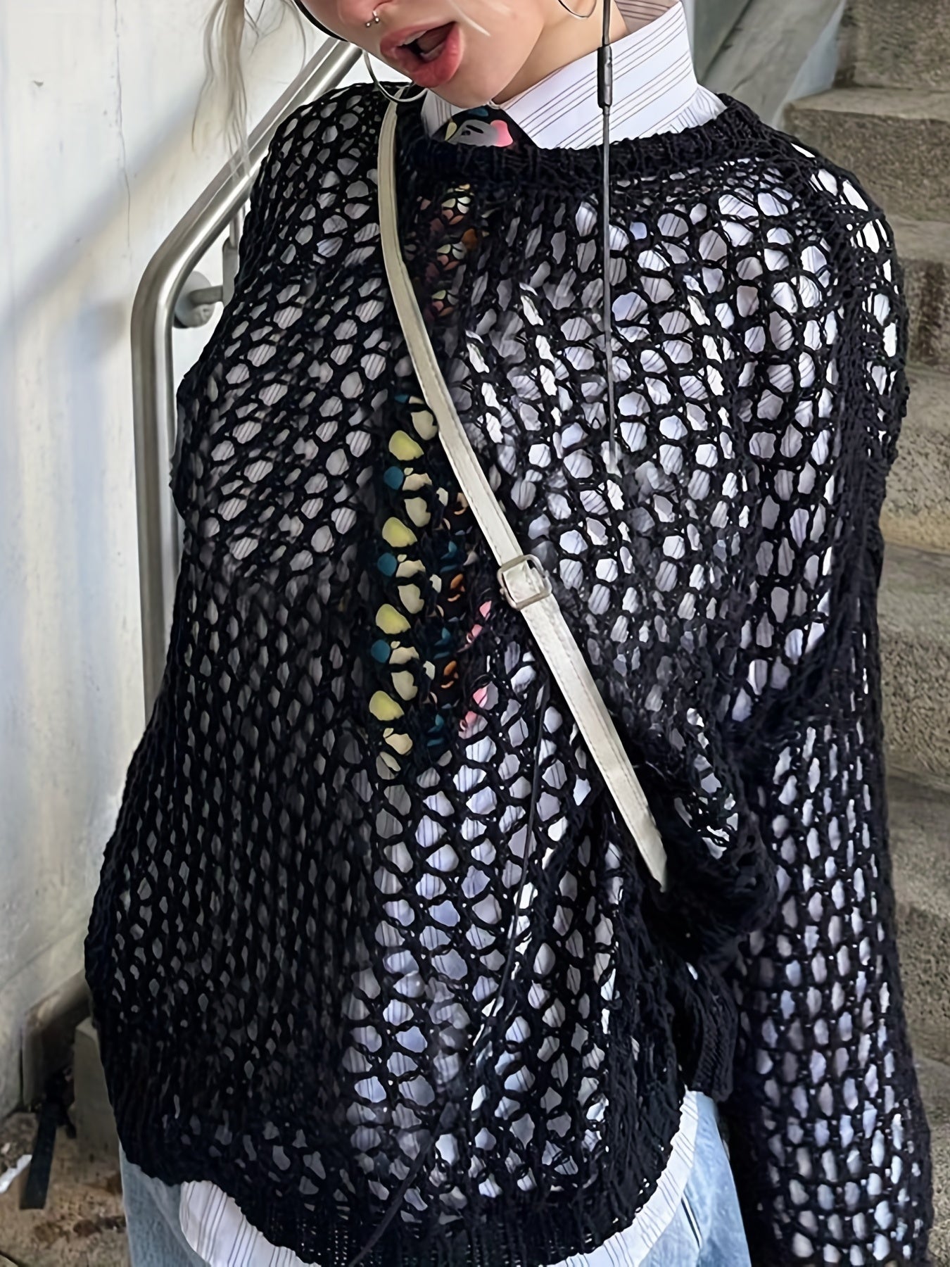 Crochet Cover Up Knitted Top Long Sleeve Sweater For Spring & Summer