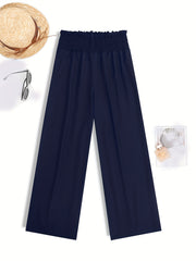  Wide Leg Pants Shirred Waist High Rise Solid Casual