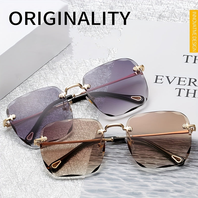 Ombre Lens Sunglasses Metal Temple Rimless UV400