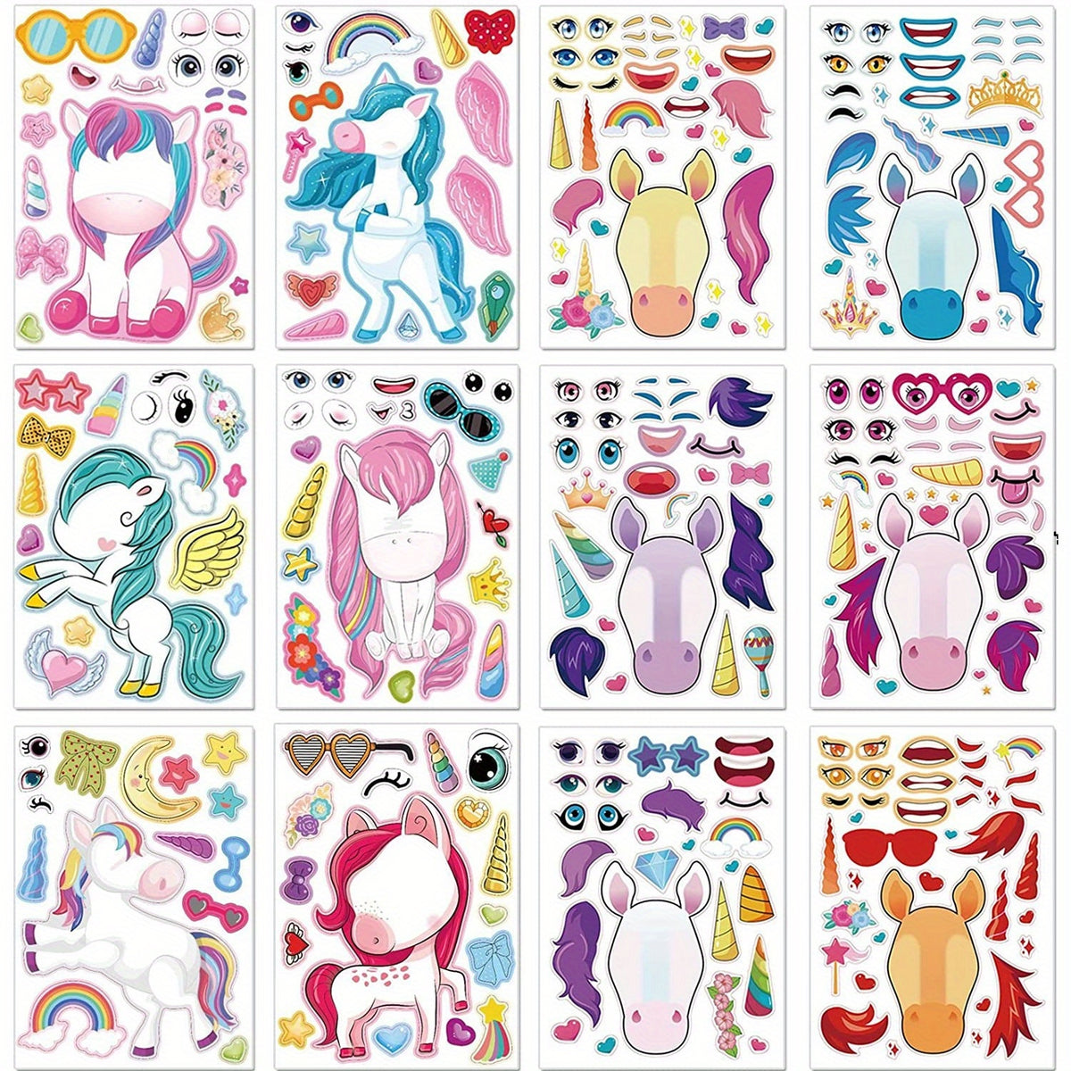 24pcs Unicorn Face Sticker Set DIY Craft Make Your Own Party Favor Supplies