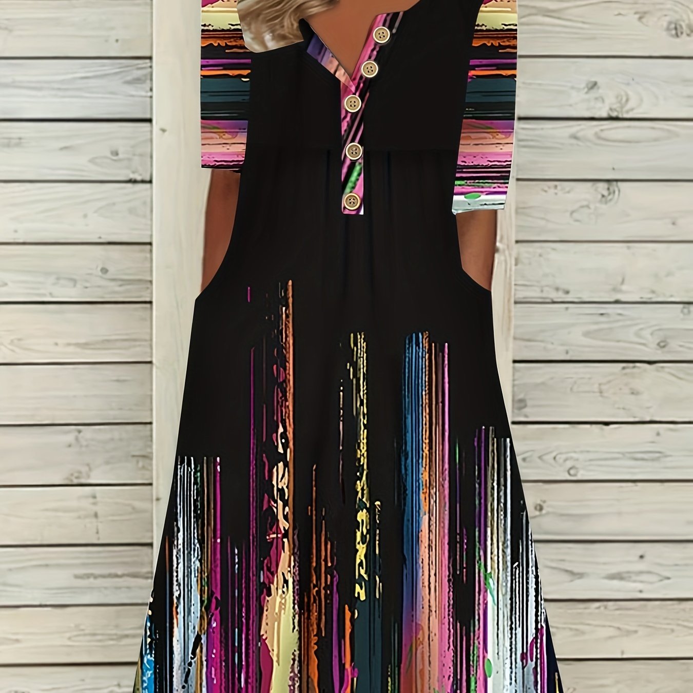  Women's Brush Print Maxi Dress with Pockets