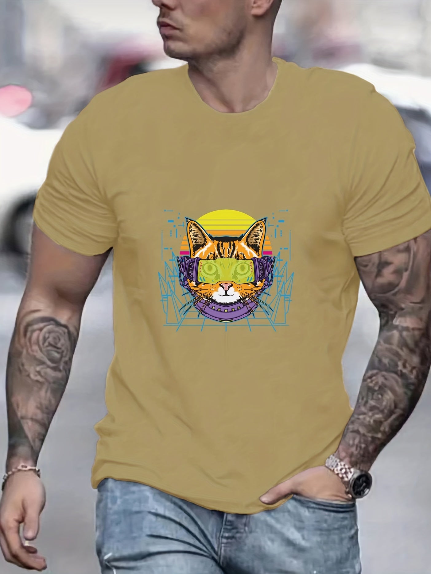 Cyberpunk Cat Print Men's Graphic T-shirt Casual Comfy Tees for Summer