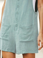  Solid Button Up Round Neck Knot Romper