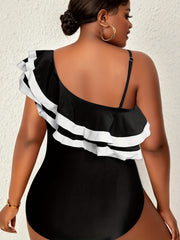  Sexy Swimsuit Women's Plus Contrast Trim Layered Ruffle