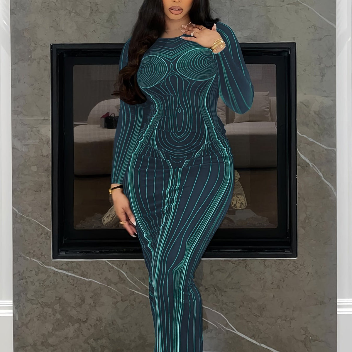  Sexy Stripe Print Long Sleeve Round Neck Maxi Dress