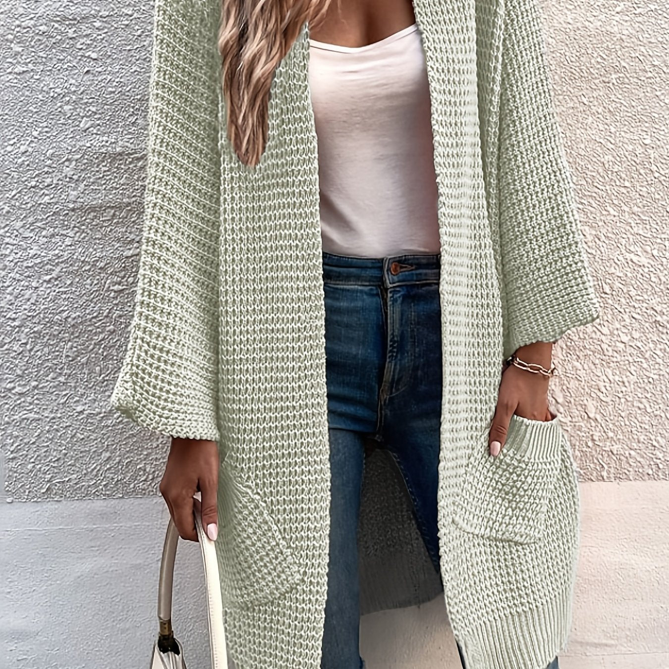  Cable Batwing Sleeve Open Front Cardigan with Pockets