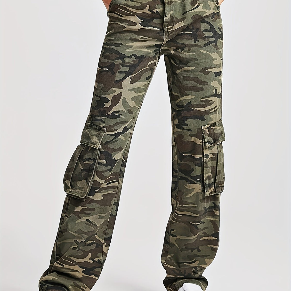 Camo Flap Pockets Straight Jeans High Waist Loose Fit Cargo Denim Pants