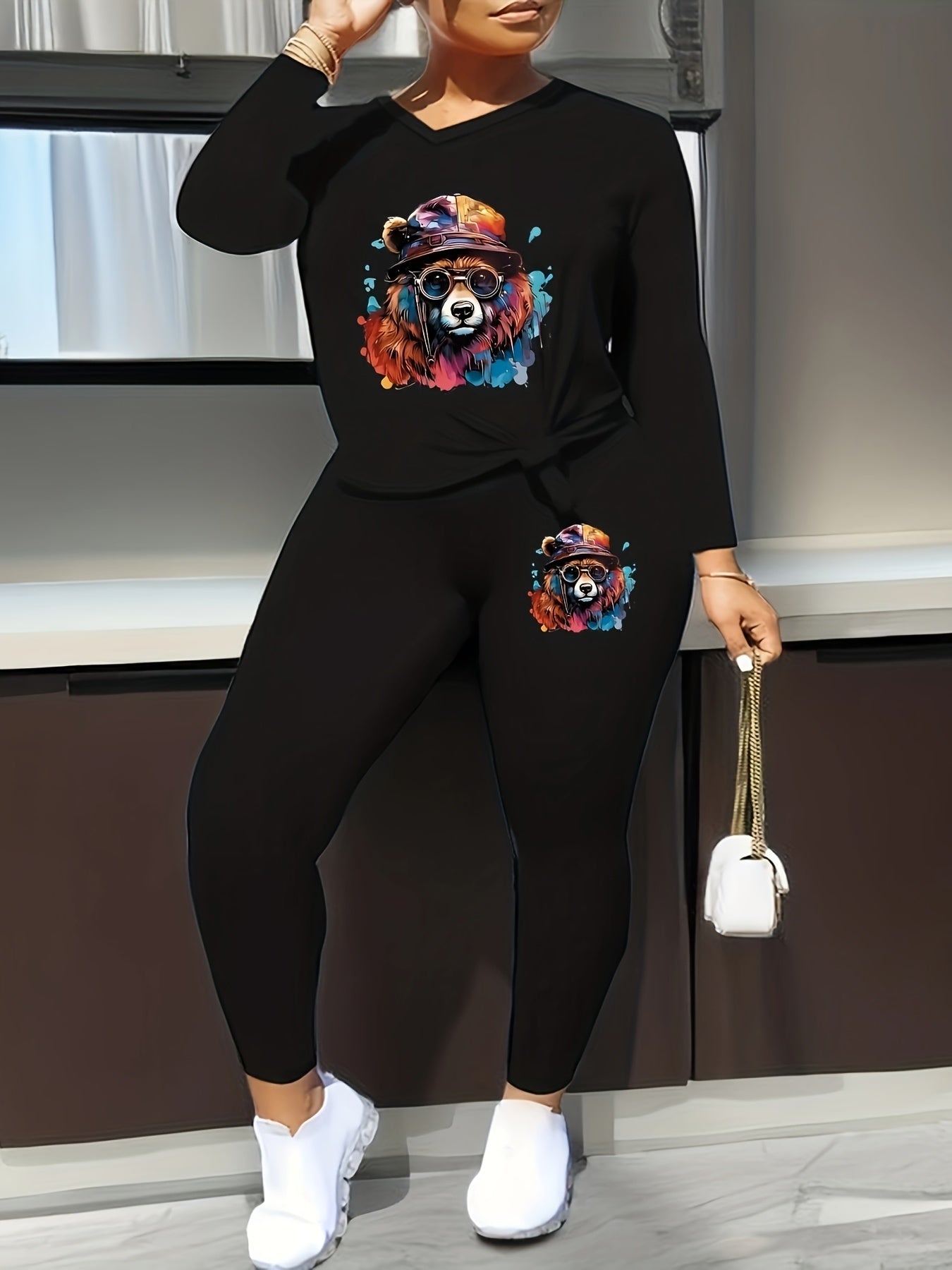 Women's Plus Dog Print Long Sleeve V Neck Top & Leggings Outfits 2 Piece Set