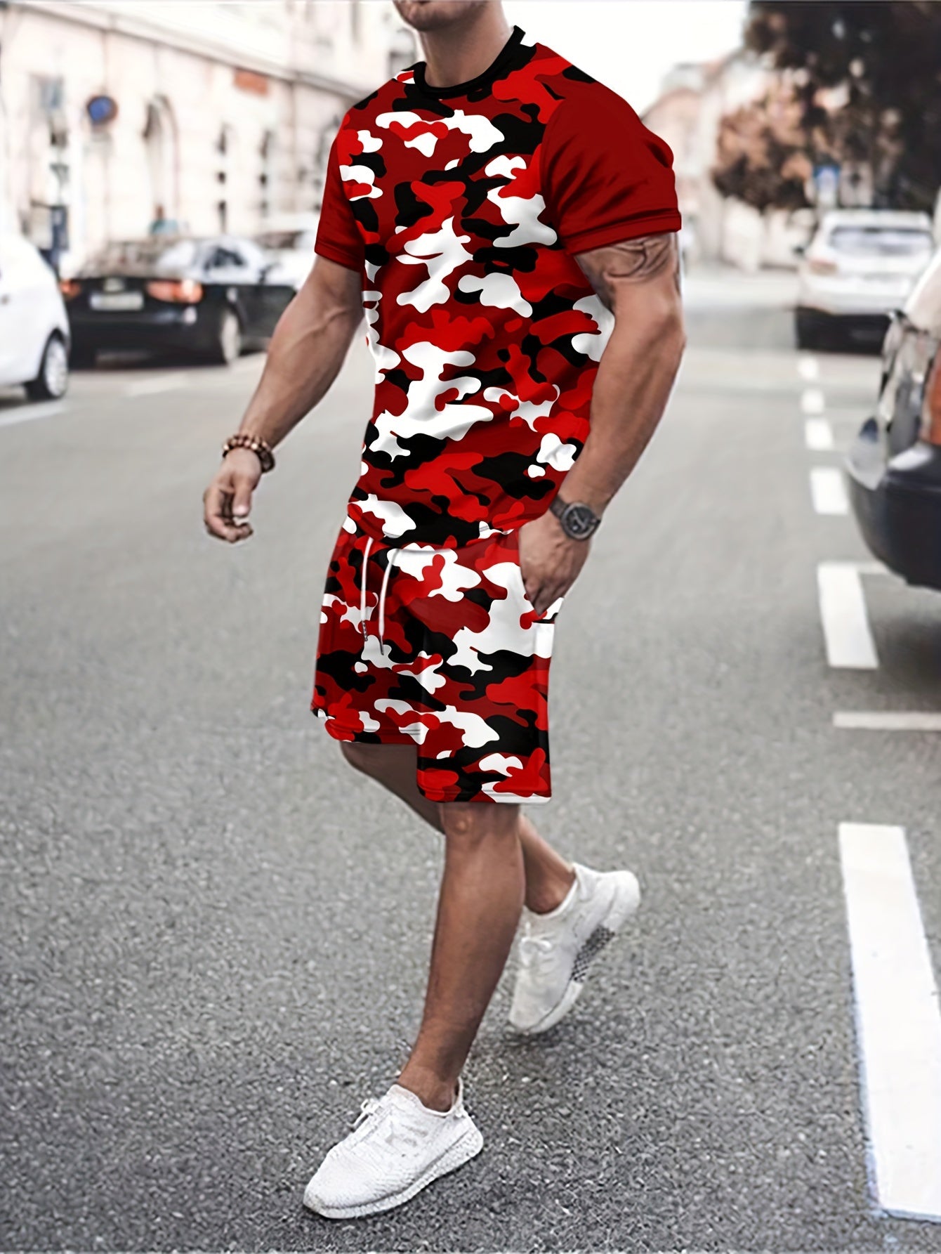 Camouflage Mens T-shirt & Drawstring Shorts Set Summer Outfit