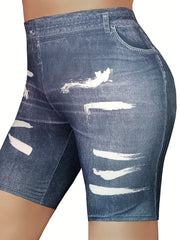  Denim & Brush Print High Rise Skinny Shorts