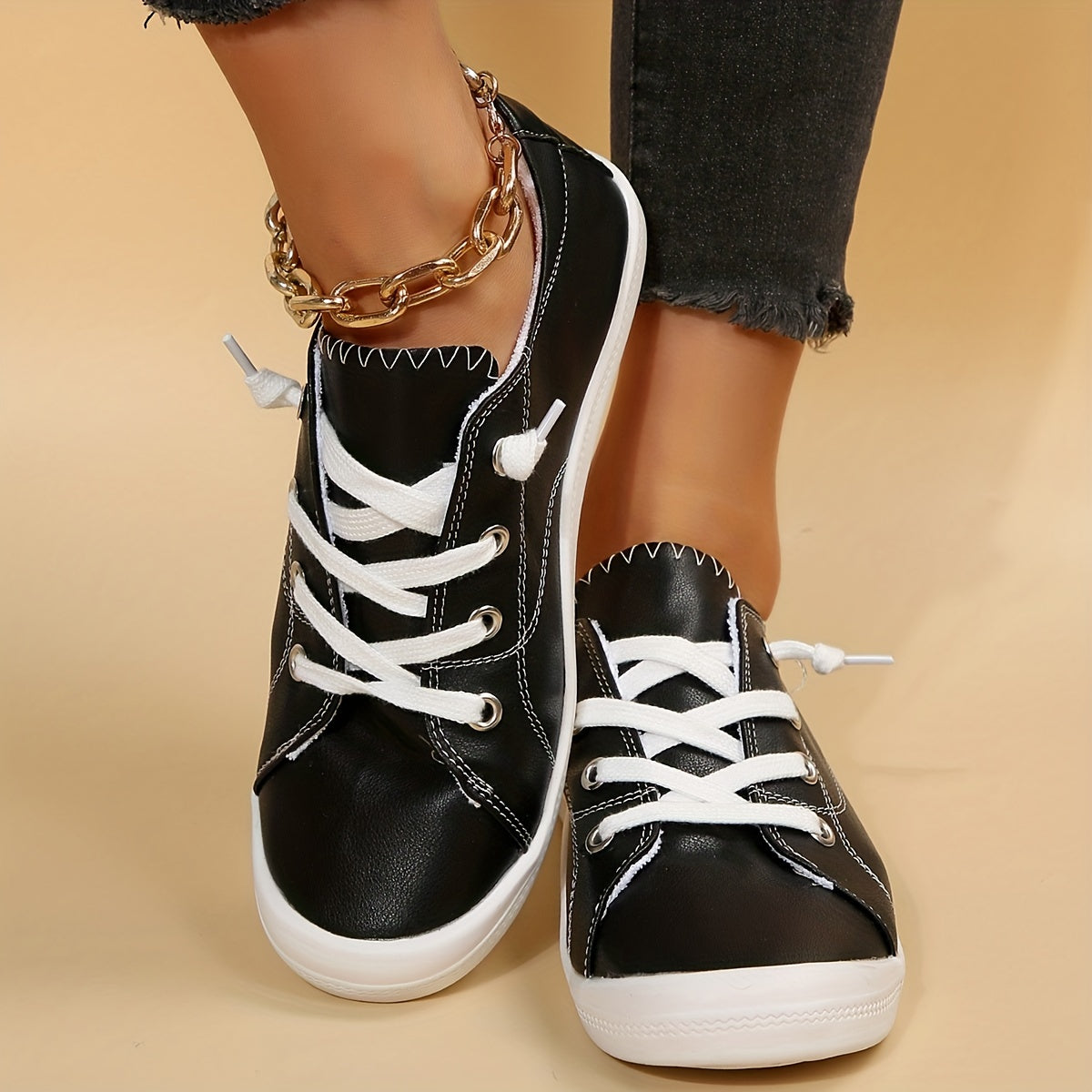 Women's Faux Leather Sneakers Causal Lace Up Outdoor Shoes