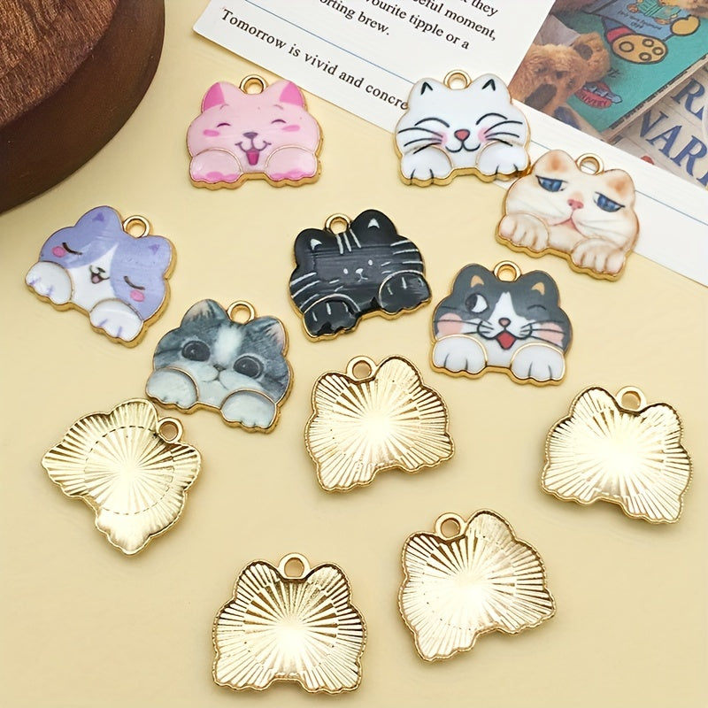12pcs Enamel Golden Cat Pendants for DIY Accessories