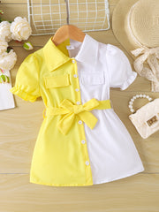 Toddler Girls Puff Sleeve Button Block Casual Shirt Dress