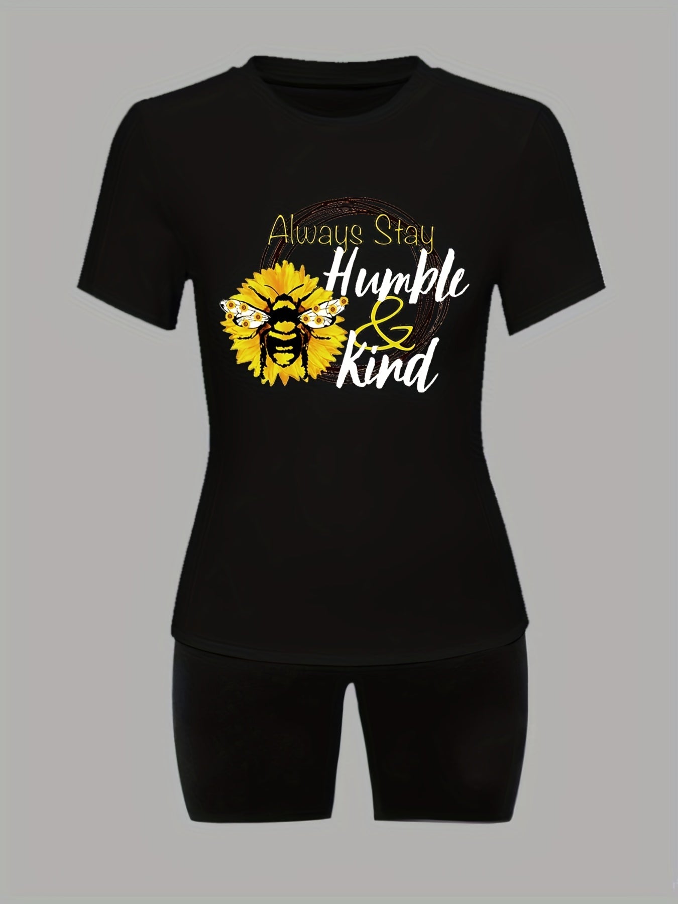  Bee & Slogan Print Tee & Biker Short Set