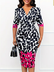  Colorblock Geometric Print Bodycon Midi Dress